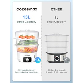 Cozeemax 3 Tier Electric Food Steamer for Cooking, 13.7QT Vegetable Steamer for Fast Simultaneous Cooking, Veggie Steamer, Food Steam Cooker, 60 Minute Timer, BPA Free Baskets, 800W(White)