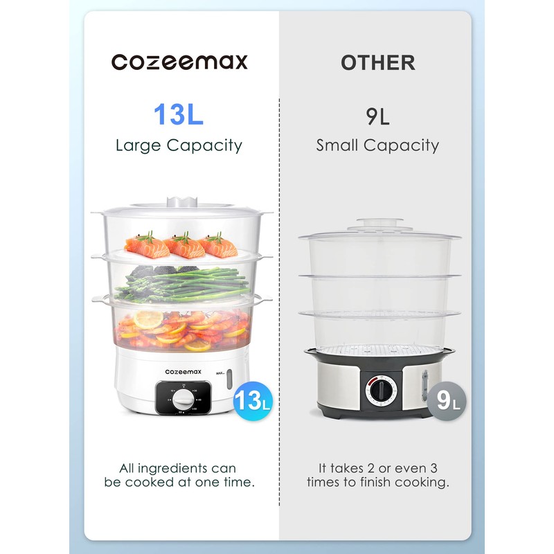 Cozeemax 3 Tier Electric Food Steamer for Cooking, 13.7QT Vegetable