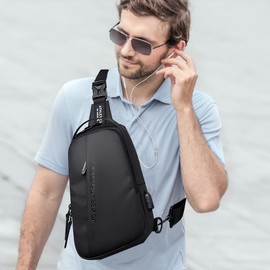 A-QMZL Backpack with Shoulder Strap for Men Waterproof Shoulder Strap Sling Bag Small Crossbody Bag with USB Charging Port for Trekking Travel School Work Black 1, black 1, Casual USB chest pocket