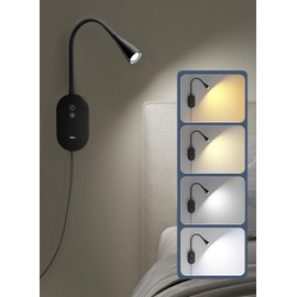 TOPMB Wall Reading Light for Bed – 4 Color Modes, 5‑Level Dimmable Reading Lamp, CRI 95+ Natural Sunlight, USB Output Charge & Auto Memory Black