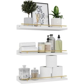 Floating shelves with gold metal guardrails, set of 3 wall decorative frames, bedroom, bathroom, kitchen, living room, plants, photo frames, art - white and gold - Color: black, Size: 15.7 inch