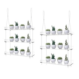 ZerzSemp 2-Pack Hanging Acrylic Plant Shelves for Windows, Each Tier 16 Inch Long, Height Adjustable Clear Hanging Indoor Windows Wall Hanging Plant Shel for Kitchen, Bedroom, for Various Plants