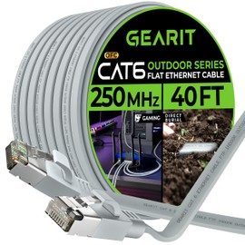 GearIT Cat 6 - Cable Ethernet plano para exteriores (40 pies, gris) con clasificación LLDPE de entierro directo, para interiores, Cat6 blindado, FTP de 10 Gbps, red de computadora para juegos de alta