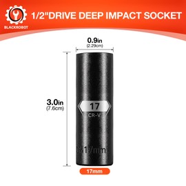 1/2 Inch Drive 6-Point Deep Socket, 17mm Deep Impact Socket, CR-V Steel