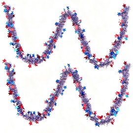 2 Pack 6.5Ft Red White Blue Star Tinsel Garland, Patriotic Streamers for 4th of July Independence Day Party Decor Hanging Garland for Classroom Home Office Decorations