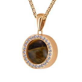 Quiges Rose Gold Stainless Steel 12mm Mini Coin Zirconia Pendant Holder and Brown Tigers Eye Stone with Box Chain Necklace 42 + 4cm Extender