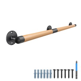 SELEWARE 51" Wood Handrail Indoor Stairs Handrail Wall Mount Handrail w/Sturdy Metal Barckets, Barrier-Free Staircase Grab Bar for Elderly, 1.3 Inch Round