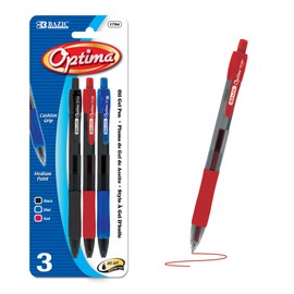 BAZIC Oil Gel Ink Retractable Pen Optima Assorted Colors, 0.7 mm Medium Point Soft Grip Smooth Writing, (3/Pack), 1-Pack