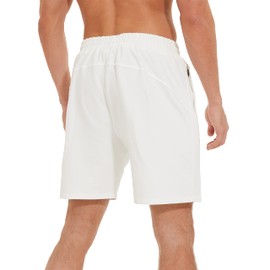 HEALONG Pantalones cortos deportivos para hombre de algodón: entrenamiento, gimnasio, correr, ejercicio, entrenamiento, 7 pulgadas, cordón de moda, deportes con bolsillos con cremallera, Blanco, Large