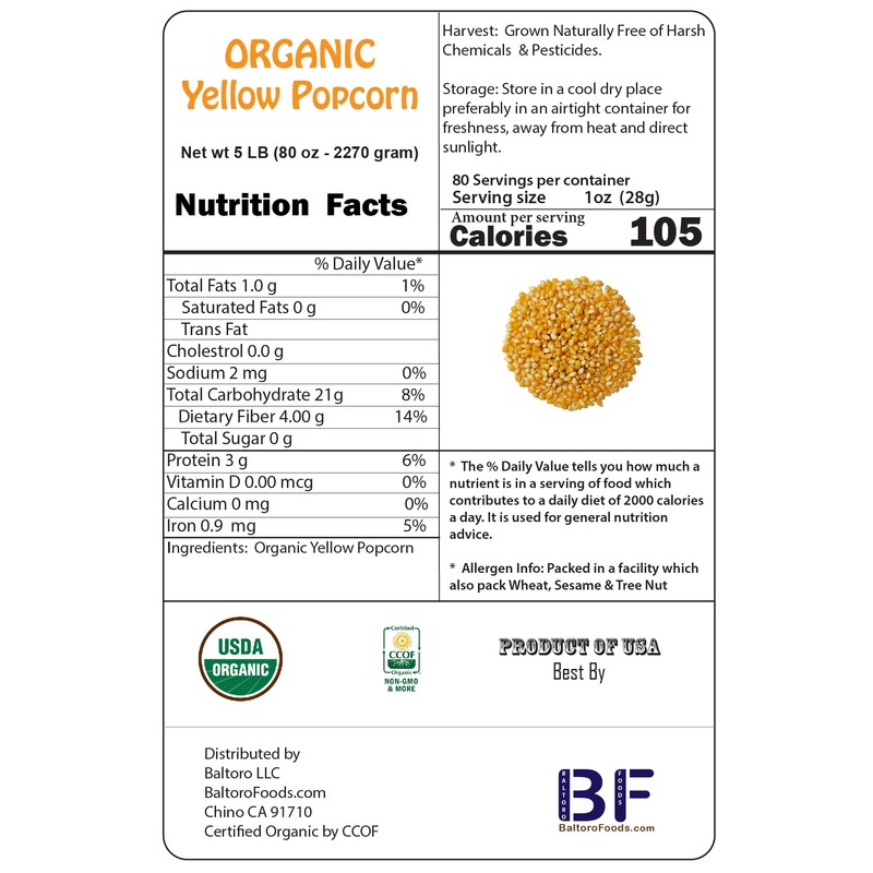 Organic Popcorn Kernels unpopped Non-GMO, Vegan Bulk Raw (7 lb)