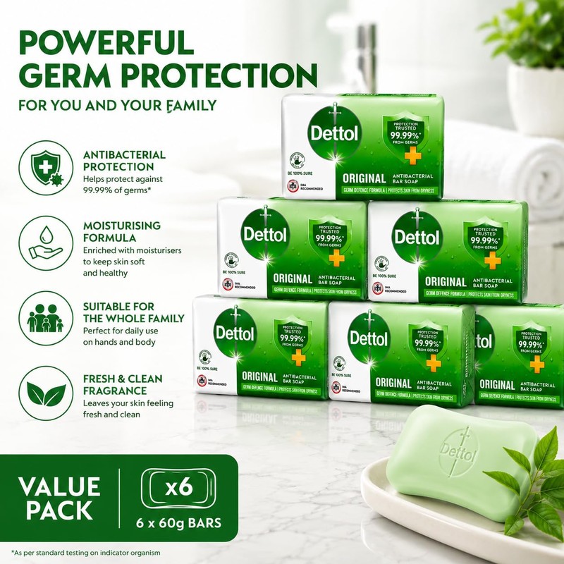 Dettol Original Antibacterial Soap Bars 60g x 6 Pack |
