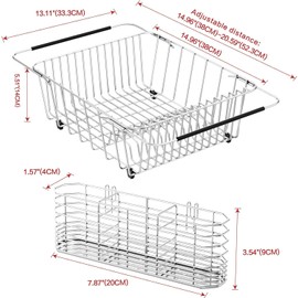 YZPGBT Large Dish Drying Rack in Sink Expandable, Adjustable304 Stainless Steel Metal Dish DrainerRack Organizer with Stainless Steel Utensil Holder Over Inside Sink Counter, Rustproof