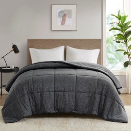 Urban Habitat Twin Comforter Set, Cozy Soft Jersey Knit Bedding, Box Quilting & Heathered Design, Cool to Touch, Lightweight All Seasons Down Alternative Bed Set, Twin/Twin XL Black 3 Piece