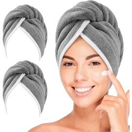 Toallas de microfibra para el pelo para mujer, paquete de 2 toallas de secado de pelo con botón, turbantes de pelo de secado rápido para cabello húmedo, cabello largo, rizado, toallas súper suaves para mujer, antiencrespamiento (gris)