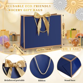 Kolldenn 50 Pcs Metallic Gift Bags with Handle 12.6 x 10 x 4.3 Inch Navy Blue Gold Thank You Bag with Bow Ribbon for Christmas Wedding Birthday Bridal Shower Bridesmaid Graduation Party Favor