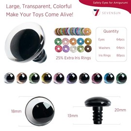 SEVENSUN 128 PCS 18mm Safety Eyes, Sparkling 3D Glitter Eyes with Washers, Doll Eyes Stuffed Crochet Eyes, Craft Doll Making Safety Eyes for Crocheting Amigurumi