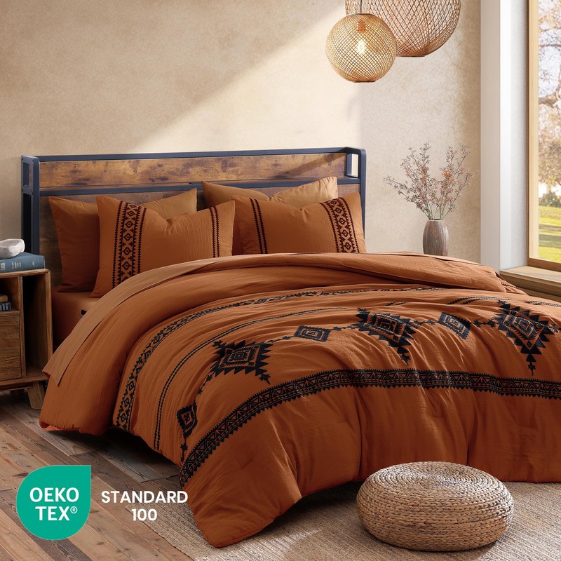 MaiRêve Burnt Orange Embroidery Comforter Sets Full Size - 7