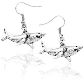 Shark Charm Drop Dangle Stainless Steel Hook Earrings Hypoallergenic Hinged Moveable Tooth Jaws Skull Hell Demon Fancy Dress,B-Silver Shark