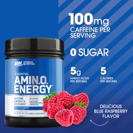 Optimum Nutrition Amino Energy - Pre Workout with Green Tea, BCAA, Amino Acids, Keto Friendly, Green Coffee Extract, Energy Powder - Blue Raspberry, 65 Servings (Packaging May Vary)