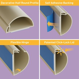 D-Line TV Wire Hider, Half Round Cord Cover for Wall Mount TV, Hinged One-Piece Raceway, Paintable, Self-Adhesive Cable Management - 2" (W) x 1" (H) x 18" Length - Beige