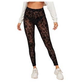 SweatyRocks Women's Floral Sheer Mesh Leggings Stretchy High Waist Pants Black L