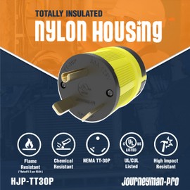 Journeyman-Pro NEMA TT-30P, 30 Amp, 125 Volt, Straight Blade Male RV Trailer Plug Connector, Black/Yellow Industrial Grade, Grounding 3750 Watts Generator TT30 (TT30P-YELLOW)