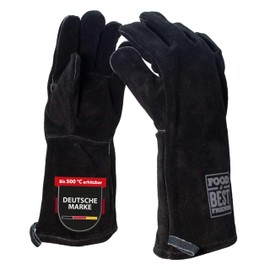 Premium Barbecue Gloves Made of Genuine Quality Leather, Black, DIN EN 388 & DIN EN 407 Certified, Very Heat Resistant, Very High Quality Workmanship, BBQ Gloves for Grill, Oven, Fireplace