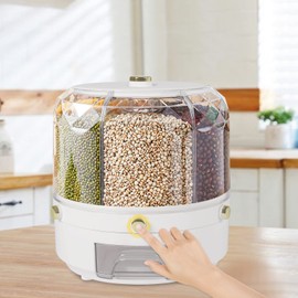 360° Rotating Rice Dispenser,13.2 Lbs Rice Containers Storage, Dry Food Dispenser with 6 Compartments Holder, Multifunctional Sorting Grocery Bin for Kitchen Storage of Small Grains, Beans, Rice,White