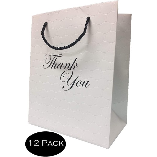 Thank You Gift Bags with Handles White Paper Medium 8x10 x5 (12 Pack) Luxury Shopping Premium Quality Cute Matte Modern Elegant Embossed Birthday Merchandise Clothing Business Store Wedding Guests