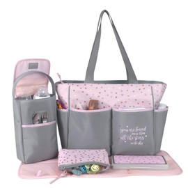 Baby Essentials Diaper Bag Tote 5 Piece Set with Sun, Moon, and Stars, Wipes Pocket, Dirty Diaper Pouch, Changing Pad (Grey/Pink)