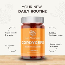 Love Mushrooms Cordyceps Capsules, 15000mg, 30 Capsules, Mushroom Supplement to Support Energy, Endurance & Natural Passion, Vegan, Made in The UK