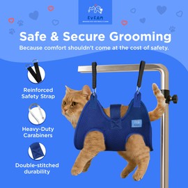 EVEAM Pet Grooming Hammock for Cats & Small Dogs – Nail Clipping Kit with Sling, Clippers, File, Glove, Straps & Carabiners – Ideal for Trimming & Ear Cleaning – [S/XS] (Blue, Small)