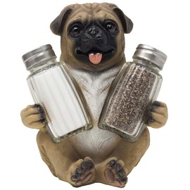 Pug Puppy Dog Glass Salt and Pepper Shaker Set with Decorative Display Stand Holder Pet Figurine for Kitchen Décor Table Decorations As Centerpieces or Spice Racks As Unique Gifts for Dog Lovers