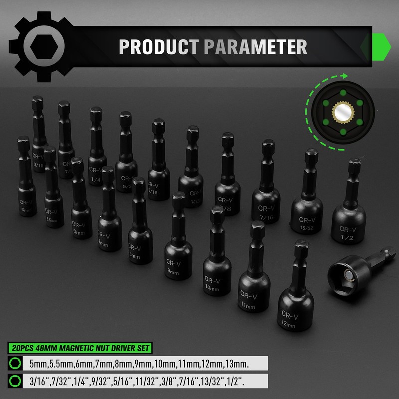 20-Piece Magnetic Nut Driver Set, Metric & SAE 1/4" Hex