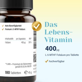 Folsäure 400µg [L-5-MTHF, 180 Tabletten] - Hoch bioverfügbar, vegan - Premium Folsäure Kinderwunsch und Schwangerschaft, Herzgesundheit, Blutbildung - von NovaNature®
