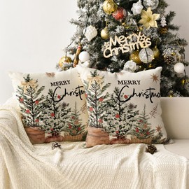 AVOIN colorlife Merry Christmas Eucalyptus Red Berries Throw Pillow Covers Set of 2, 18 x 18 Inch Pine Needle Winter Holiday Cushion Case Decoration for Sofa Couch