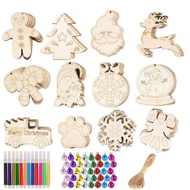 HBell 36pcs Christmas Wooden Ornaments Set Wooden Baubles with Holes,Unfinished Wooden Slices with Twine Colorful Bells Watercolor Pens for Kids DIY Crafts Christmas Hanging Decoration Xmas Gift