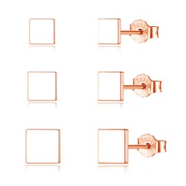 Cangall Silver Stud Earrings for Women, 3 Pairs 925 Sterling Silver Square Stud Earrings Set, Hypoallergenic Tiny Flat Dot Stud Earrings Rose Gold, 4/5 / 6mm Small Cartilage Sleeper Stud Earrings
