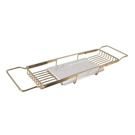 Marhynchus Metal Marble Bathtub Rack, Bathtub Caddy Tray Stainless Steel Shower Caddy Tray with Extending Sides, Bathroom Trays (Gold White)