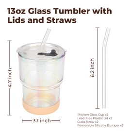 Zukro 13 oz/400ml Water Glass Tumbler with Glass Straw, Leak proof Lid, Silicone Boot, Thick Wall Reusable Cute Drinking Cup for Iced Coffee, Cold Tea, Juice, Smoothie, 2 Pack, Amber & Shrimmer Clear