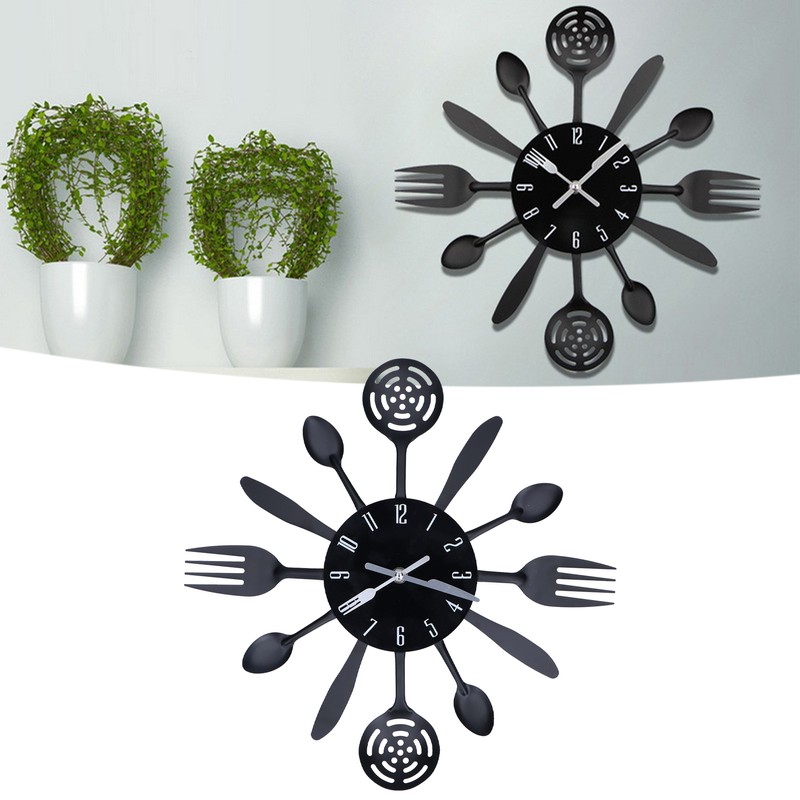 Black Kitchen Wall Clock Removable Modern Cutlery Kitchen Spoon Fork