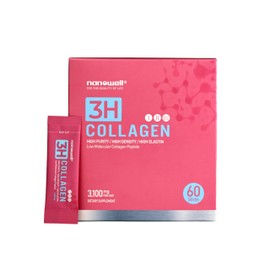 NANOWELL 3H Collagen Peptide Powder - Types I, II, & III with Vitamin C, Hydrolyzed Elastin Peptide & Hyaluronic Acid - Supports Hair, Skin, Nails, Joints & Bones - 60 Sticks, 30 Day Supply