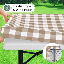 misaya Buffalo Rectangle Picnic Tablecloth, 4 Foot Elastic Fitted Vinyl Table Cloth with Flannel Backing, Waterproof Plaid Table Covers for Dining, Camping, Outdoor (Khaki and White, 24" x 48")