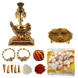 Ensemble Combo Festif WC_Diwali/Bhaidooj - Combinaison de 2 Bracelets Rudraksha Avec la Statue des bénédictions de Ganesh/Panier Roli Chawal/Carte de voeux Speciale/(Combo Pagdi Ganesh Diwali)