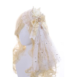 C-105-3 White Veil Gold Crown Red Rose Bow Lace Ruffle Gothic Lolita Party Celebration Hair Accessories Head Accessory