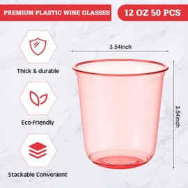 Ziliny Disposable Stemless Glasses 12oz Crystal Plastic Wine Glasses Clear Classic Pet Cup for Meeting Weddings Birthdays Cocktail Christmas Party Supplies(Red,50pcs)