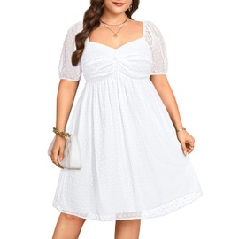 Talisea Plus Size Women's White Graduation Dress Swiss Dot Short Summer Sundress Cute Puff Sleeve Sweetheart Chiffon Dresses