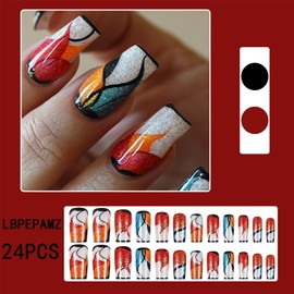 LBPEPAMZ 24Pcs Colorful Press on Nails Medium Square Fake Nails with Red Yellow White Glitter Gradient Designs Black French Tips Bling False Nails y2k Mix-Color Full Cover Stick on Nails for Women