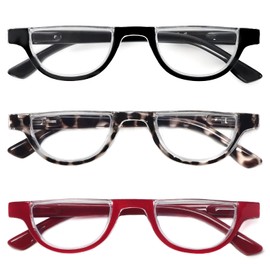 DXYXYO Half Moon Reading Glasses for Women, 3 Pack Small Semi Frame Readers with Spring Hinge Blue Light Blocking, 2.5 Black+leopard+red