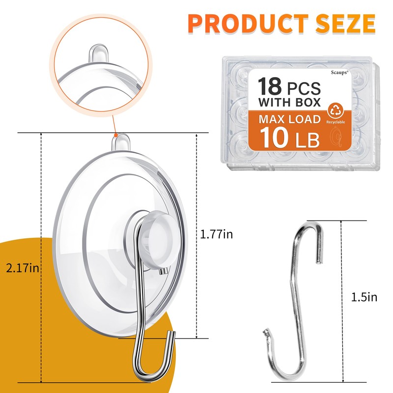 Scaups 18 Pack Suction Cup Hooks Max Load 10LB, 1.77Inch